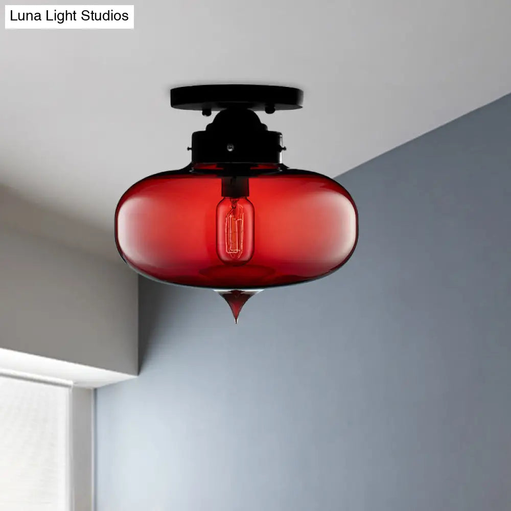 Sleek Black Industrial Semi Flush Light With Red/Brown/Amber Glass Oval Shade - Perfect For Dining