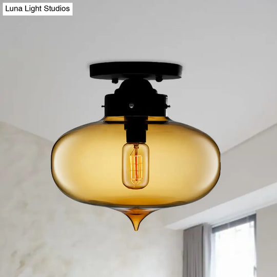 Sleek Black Industrial Semi Flush Light With Red/Brown/Amber Glass Oval Shade - Perfect For Dining