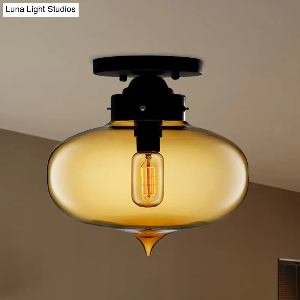 Sleek Black Industrial Semi Flush Light With Red/Brown/Amber Glass Oval Shade - Perfect For Dining