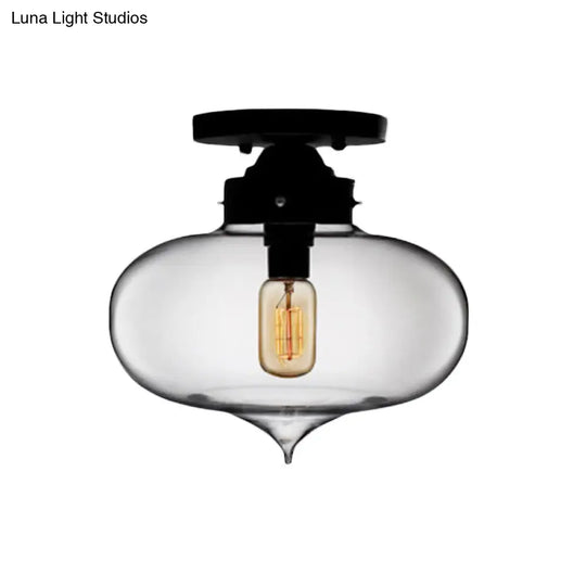 Sleek Black Industrial Semi Flush Light With Red/Brown/Amber Glass Oval Shade - Perfect For Dining