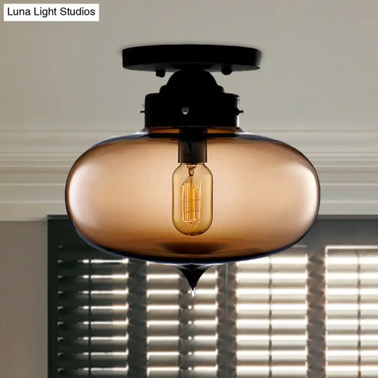 Sleek Black Industrial Semi Flush Light With Red/Brown/Amber Glass Oval Shade - Perfect For Dining