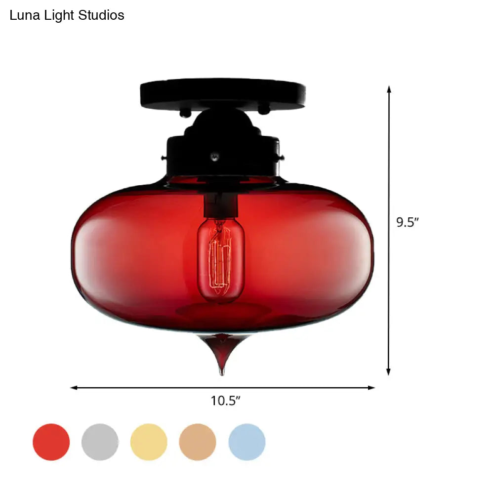 Sleek Black Industrial Semi Flush Light With Red/Brown/Amber Glass Oval Shade - Perfect For Dining