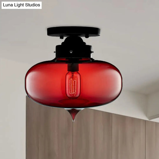 Sleek Black Industrial Semi Flush Light With Red/Brown/Amber Glass Oval Shade - Perfect For Dining