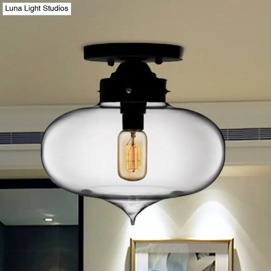 Sleek Black Industrial Semi Flush Light With Red/Brown/Amber Glass Oval Shade - Perfect For Dining