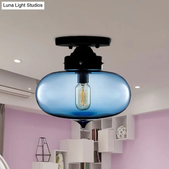Sleek Black Industrial Semi Flush Light With Red/Brown/Amber Glass Oval Shade - Perfect For Dining