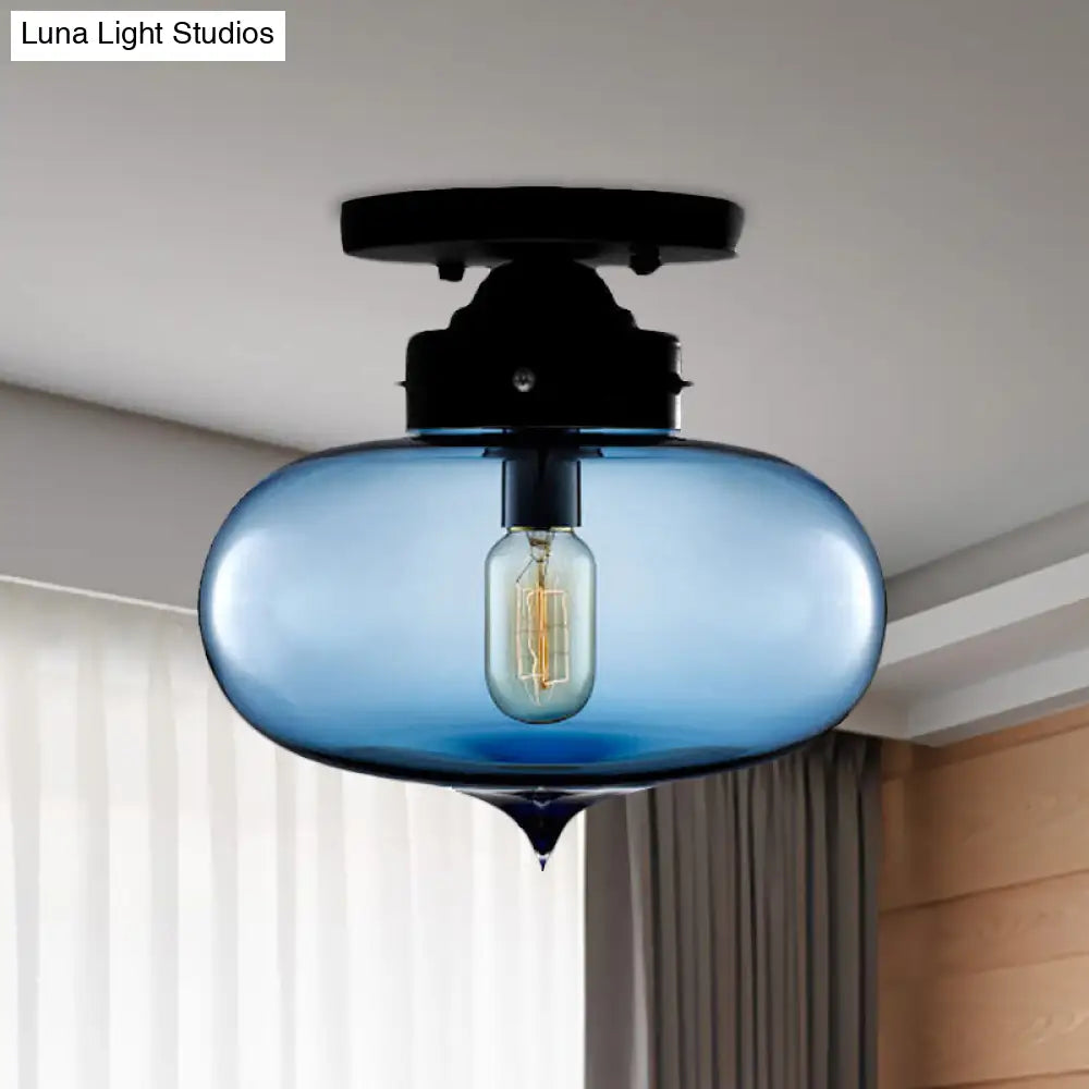 Sleek Black Industrial Semi Flush Light With Red/Brown/Amber Glass Oval Shade - Perfect For Dining