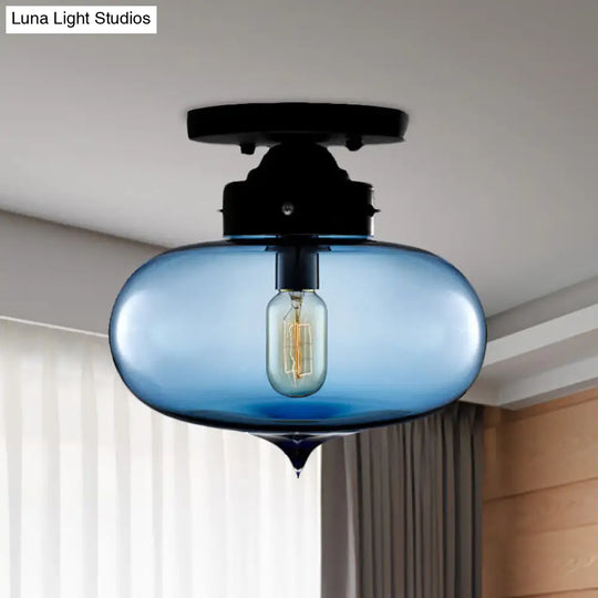 Sleek Black Industrial Semi Flush Light With Red/Brown/Amber Glass Oval Shade - Perfect For Dining