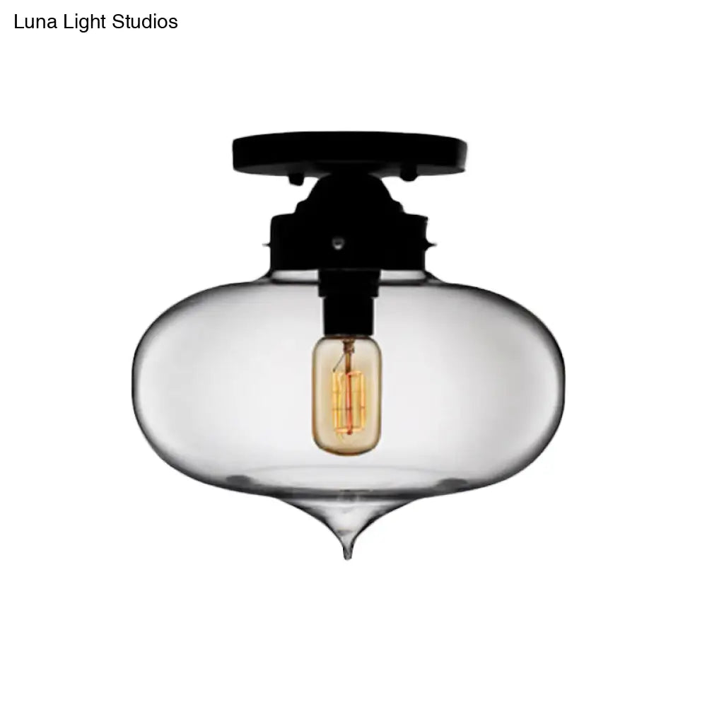 Sleek Black Industrial Semi Flush Light With Red/Brown/Amber Glass Oval Shade - Perfect For Dining
