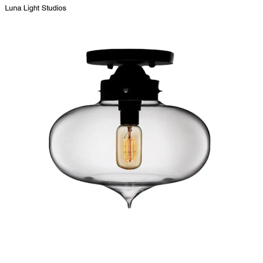 Sleek Black Industrial Semi Flush Light With Red/Brown/Amber Glass Oval Shade - Perfect For Dining