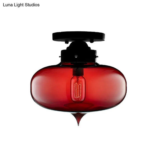 Sleek Black Industrial Semi Flush Light With Red/Brown/Amber Glass Oval Shade - Perfect For Dining