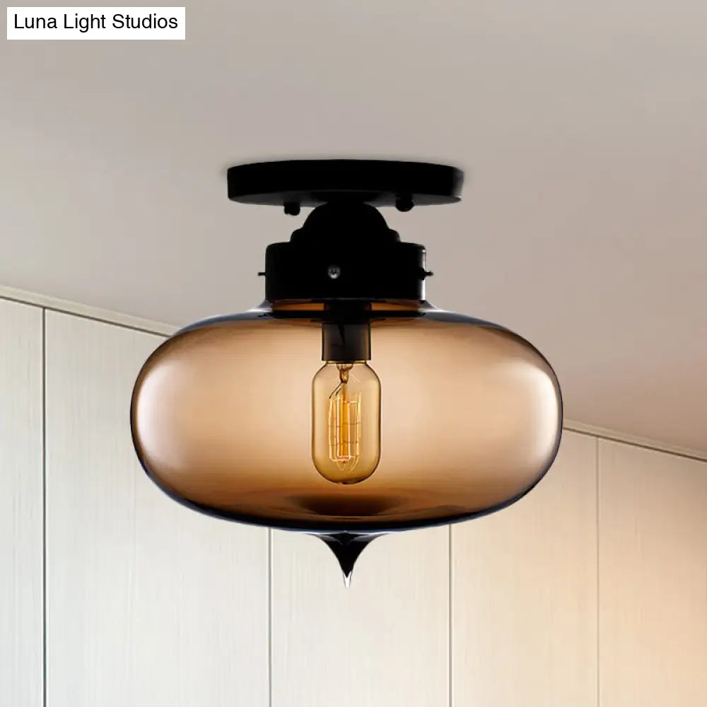 Sleek Black Industrial Semi Flush Light With Red/Brown/Amber Glass Oval Shade - Perfect For Dining