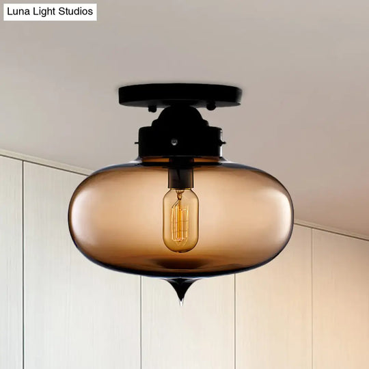 Sleek Black Industrial Semi Flush Light With Red/Brown/Amber Glass Oval Shade - Perfect For Dining