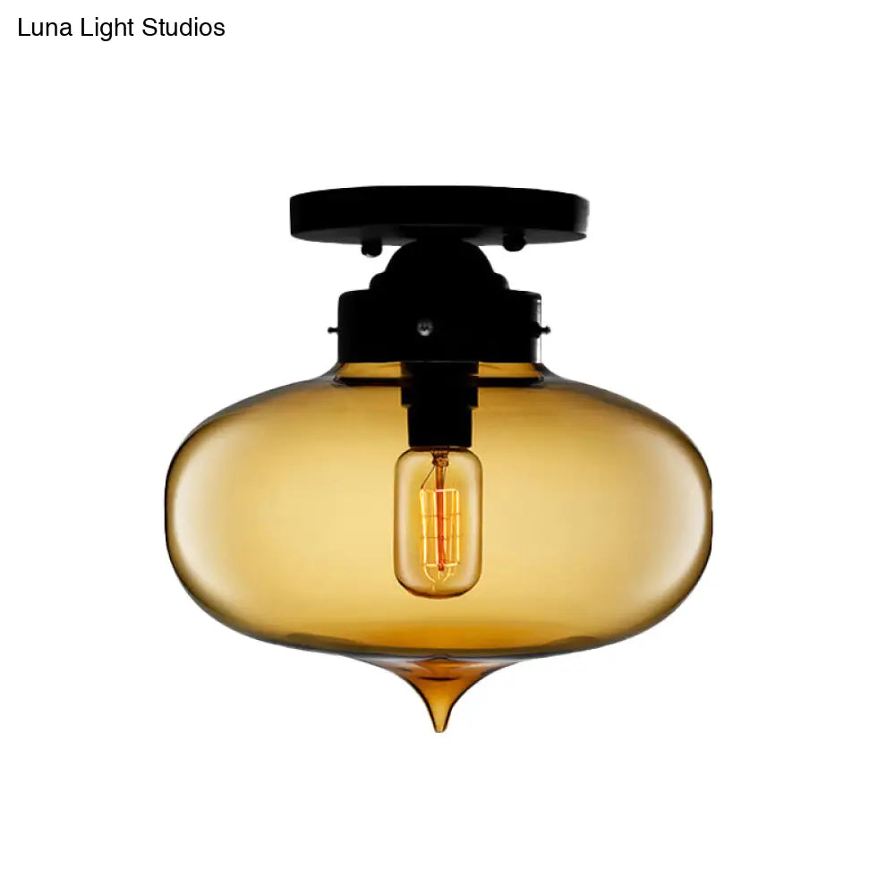 Sleek Black Industrial Semi Flush Light With Red/Brown/Amber Glass Oval Shade - Perfect For Dining