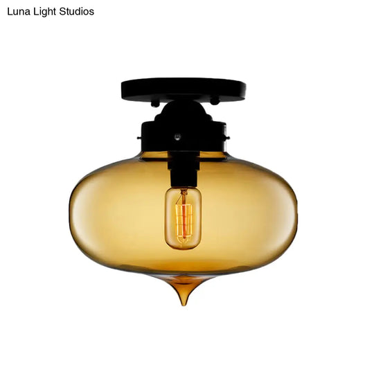 Sleek Black Industrial Semi Flush Light With Red/Brown/Amber Glass Oval Shade - Perfect For Dining