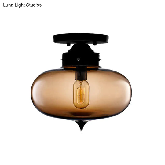 Sleek Black Industrial Semi Flush Light With Red/Brown/Amber Glass Oval Shade - Perfect For Dining