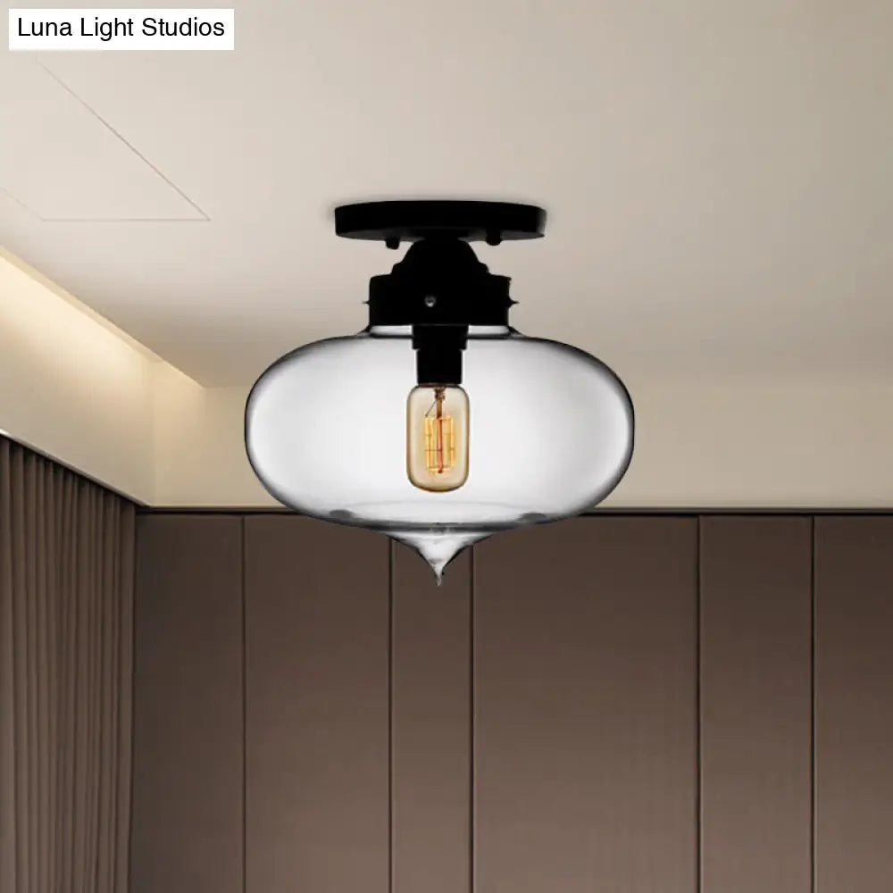 Sleek Black Industrial Semi Flush Light With Red/Brown/Amber Glass Oval Shade - Perfect For Dining