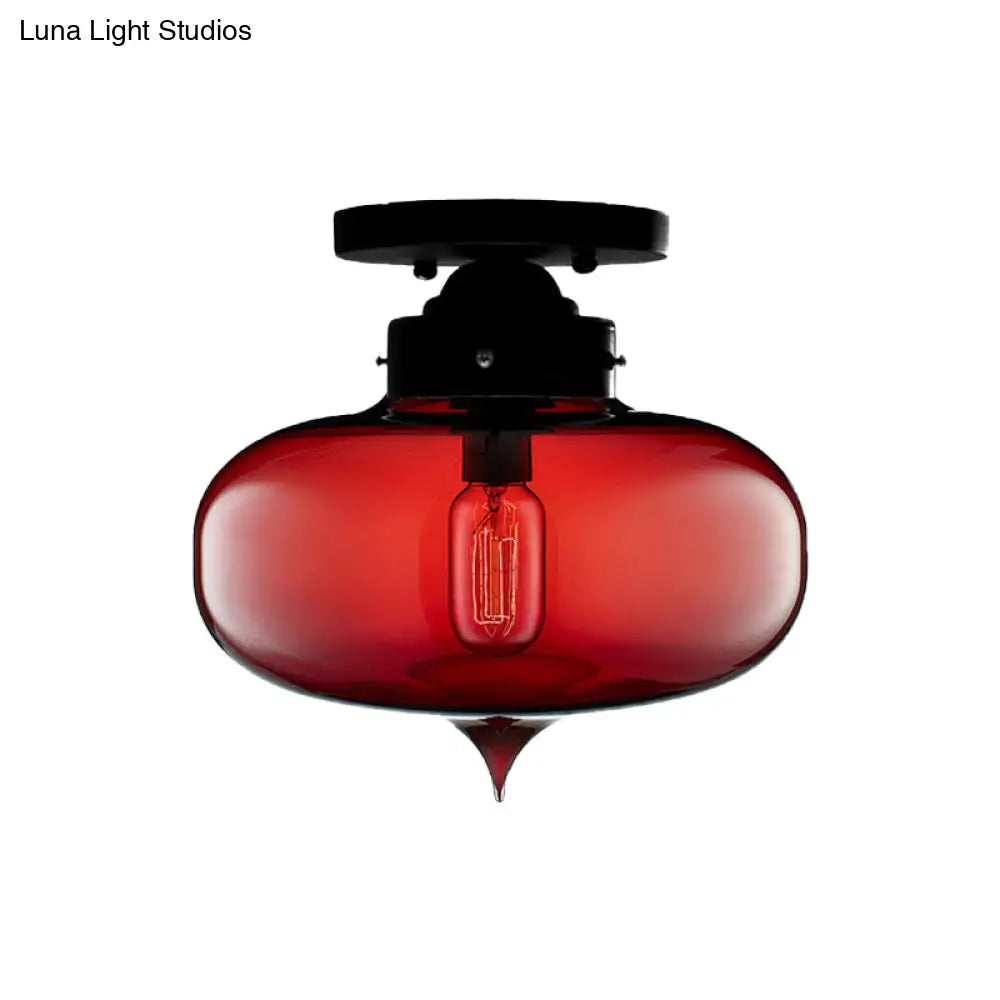 Sleek Black Industrial Semi Flush Light With Red/Brown/Amber Glass Oval Shade - Perfect For Dining