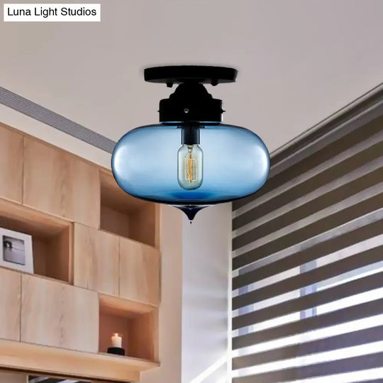 Sleek Black Industrial Semi Flush Light With Red/Brown/Amber Glass Oval Shade - Perfect For Dining