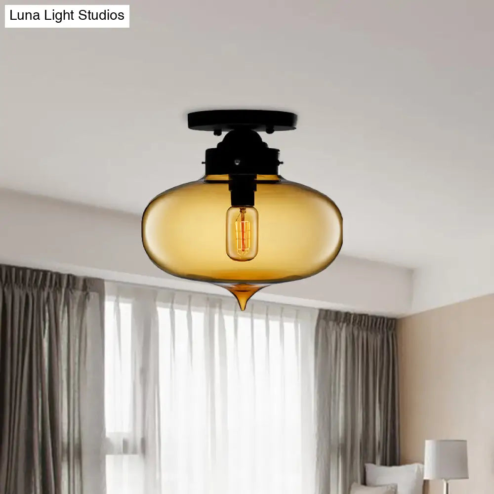Sleek Black Industrial Semi Flush Light With Red/Brown/Amber Glass Oval Shade - Perfect For Dining