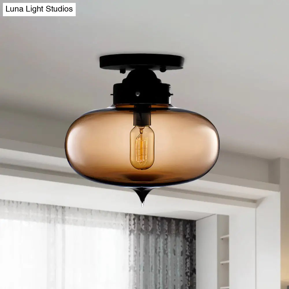 Sleek Black Industrial Semi Flush Light With Red/Brown/Amber Glass Oval Shade - Perfect For Dining