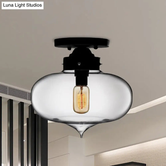 Sleek Black Industrial Semi Flush Light With Red/Brown/Amber Glass Oval Shade - Perfect For Dining
