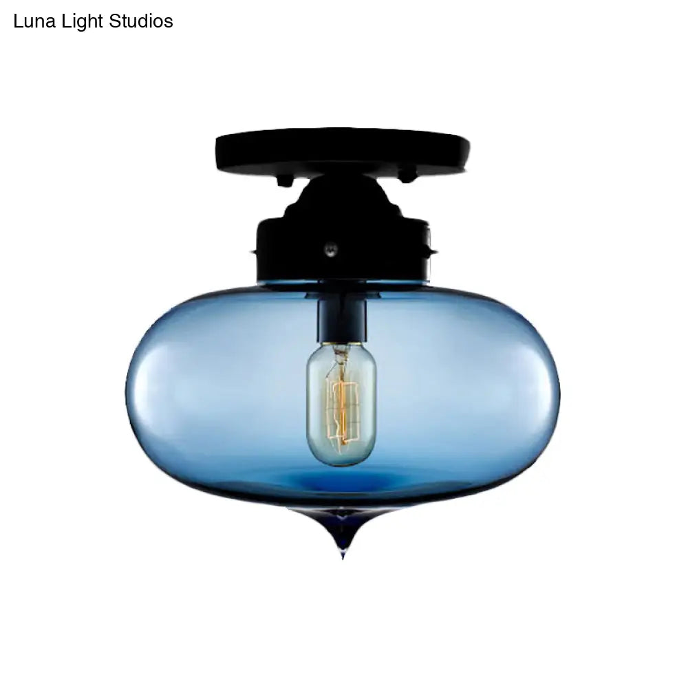 Sleek Black Industrial Semi Flush Light With Red/Brown/Amber Glass Oval Shade - Perfect For Dining