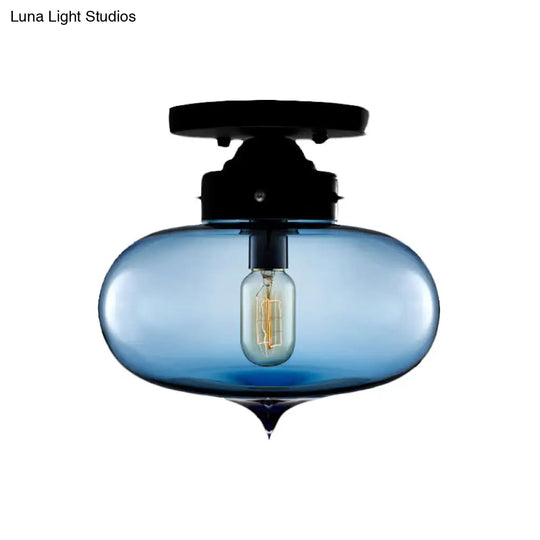 Sleek Black Industrial Semi Flush Light With Red/Brown/Amber Glass Oval Shade - Perfect For Dining