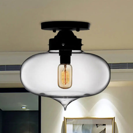 Sleek Black Industrial Semi Flush Light With Red/Brown/Amber Glass Oval Shade - Perfect For Dining