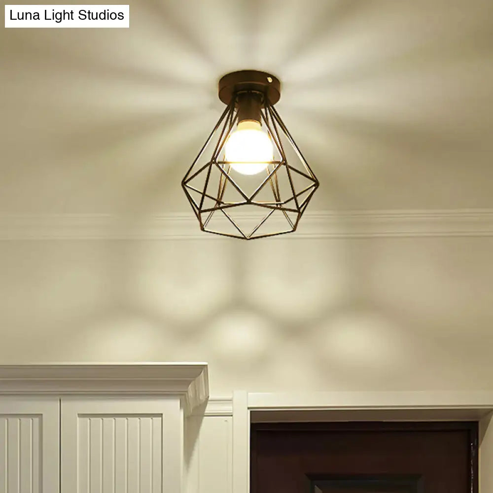 Sleek Black Iron 1-Light Semi Flush Ceiling Light - Industrial Style / Diamond