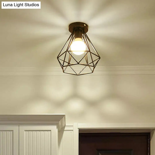 Sleek Black Iron 1-Light Semi Flush Ceiling Light - Industrial Style / Diamond
