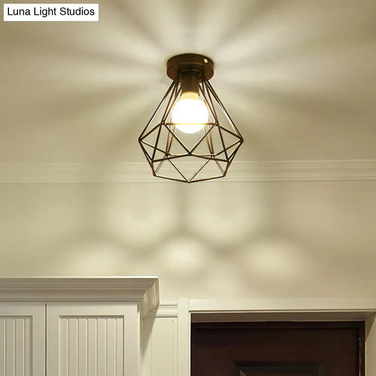 Sleek Black Iron 1 - Light Semi Flush Ceiling Light - Industrial Style / Diamond