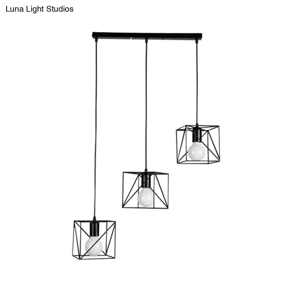 Industrial Metal Ceiling Fixture - Square Frame With 3 Black Bedside Lights
