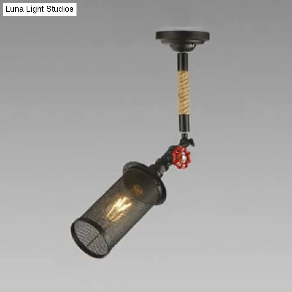 Sleek Black Metal Rotatable Ceiling Light With Cylinder Shade - Industrial Mesh Screen Design