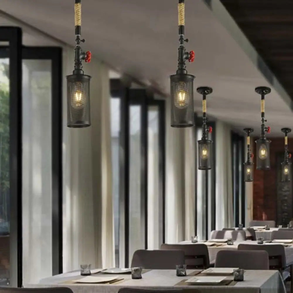 Sleek Black Metal Rotatable Ceiling Light With Cylinder Shade - Industrial Mesh Screen Design / A