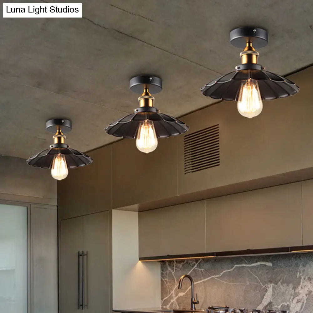 Sleek Black Tapered Iron Semi Mount Dining Room Ceiling Light - 1-Head