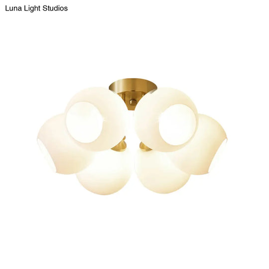 Sleek Brass Domed Semi Flush Mount Ceiling Lamp With Cream Glass - Stylish Bedroom Lighting