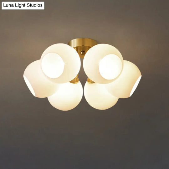 Sleek Brass Domed Semi Flush Mount Ceiling Lamp With Cream Glass - Stylish Bedroom Lighting 6 /
