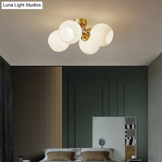 Sleek Brass Domed Semi Flush Mount Ceiling Lamp With Cream Glass - Stylish Bedroom Lighting
