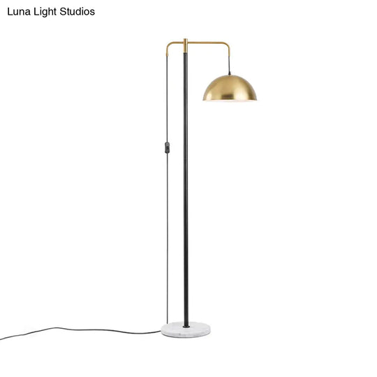 Sleek Brass Marble Floor Lamp With Dome Metal Shade - 1-Light Standing Light For Living Room