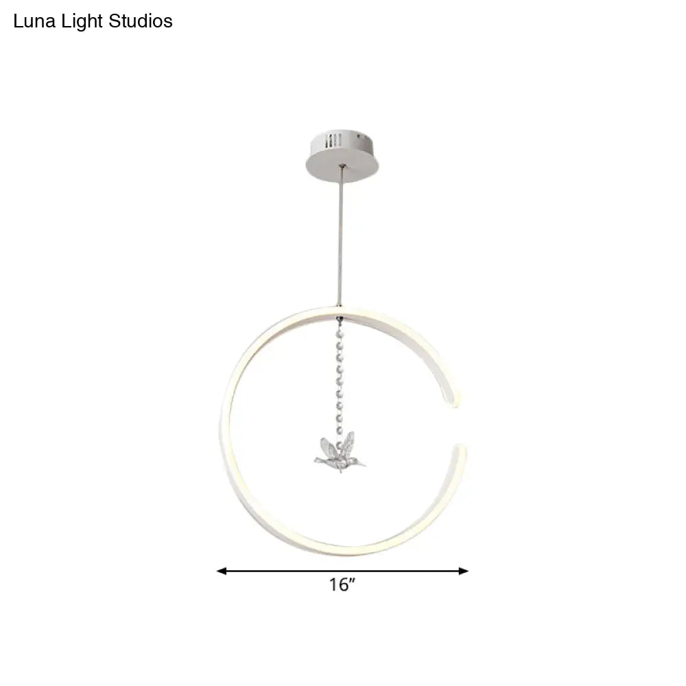 Sleek C-Shape Metal Suspension Lighting With Crystal Bird - Led Hanging Lamp Kit In Warm/White Light