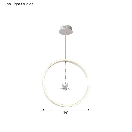 Sleek C-Shape Metal Suspension Lighting With Crystal Bird - Led Hanging Lamp Kit In Warm/White Light