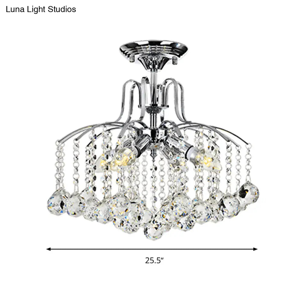 Sleek Cascade Ceiling Fixture Crystal Ball - 8 - Head Semi Flush Light In Chrome For Living Room