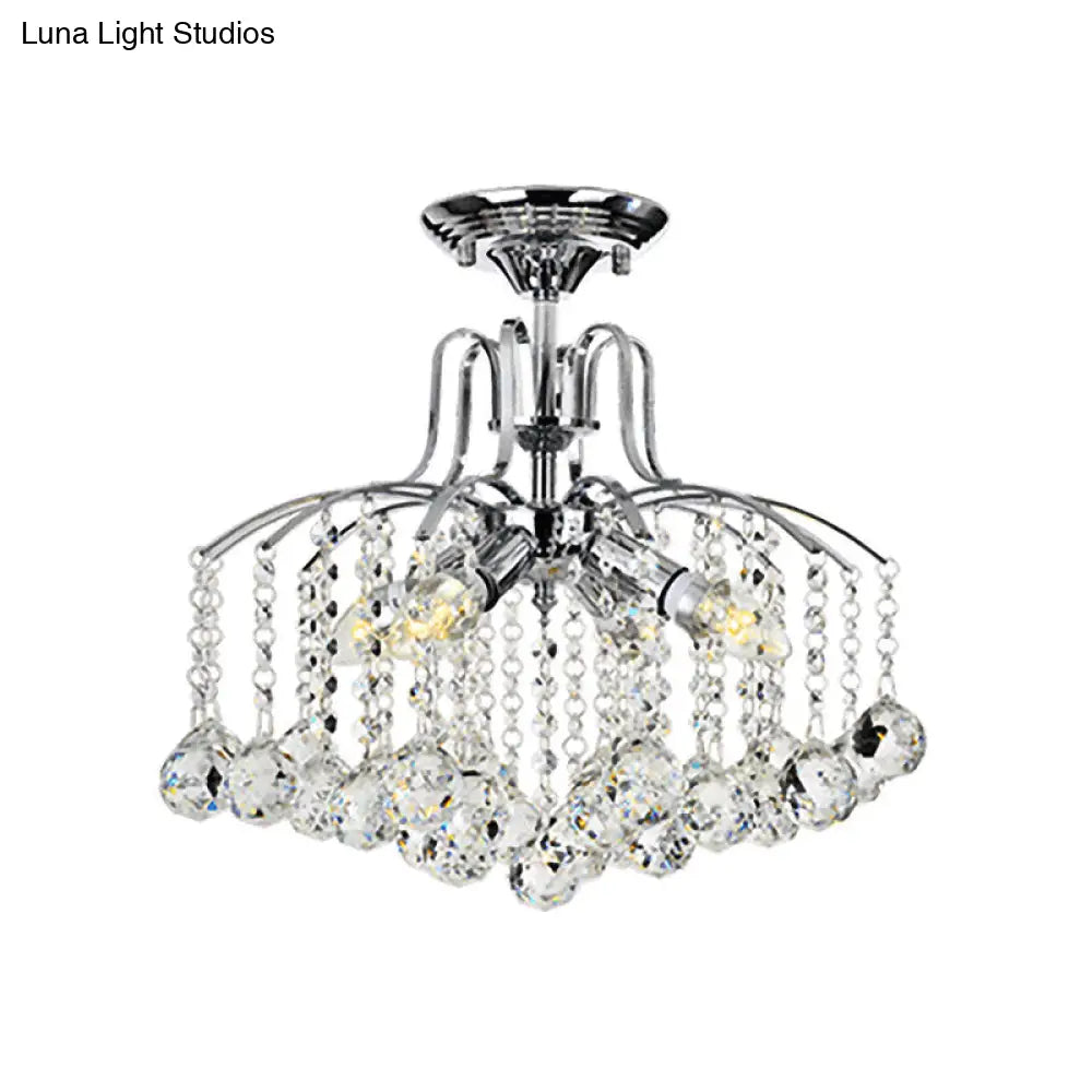 Sleek Cascade Ceiling Fixture Crystal Ball - 8 - Head Semi Flush Light In Chrome For Living Room