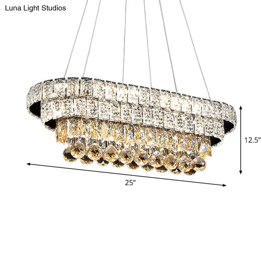 Sleek Chrome Led Restaurant Island Ceiling Light With Elegant Oval Crystal Shade