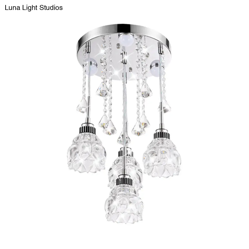 Sleek Chrome Semi Flush Light Fixture With Lotus Crystal Shade - Perfect For Modern Dining Rooms