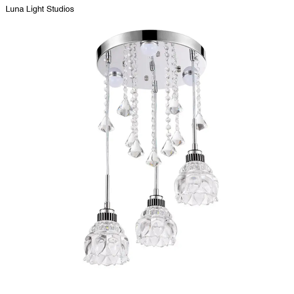 Sleek Chrome Semi Flush Light Fixture With Lotus Crystal Shade - Perfect For Modern Dining Rooms