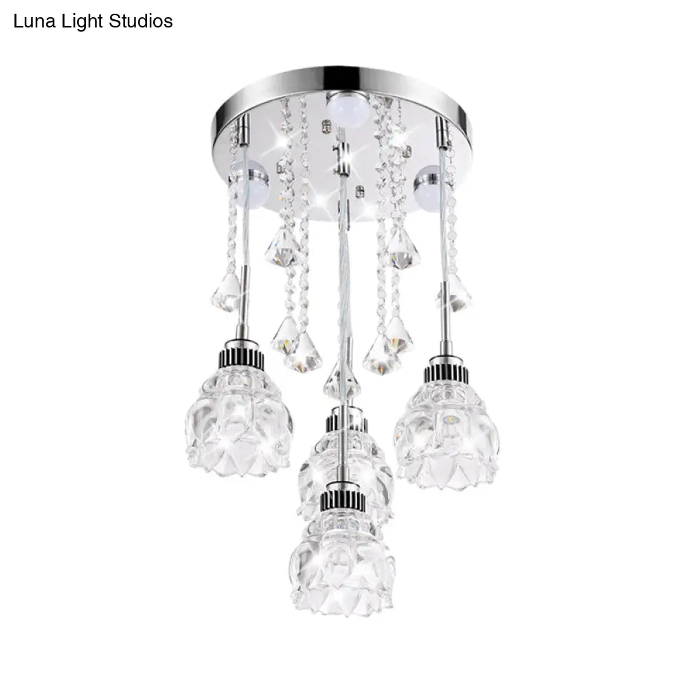Sleek Chrome Semi Flush Light Fixture With Lotus Crystal Shade - Perfect For Modern Dining Rooms