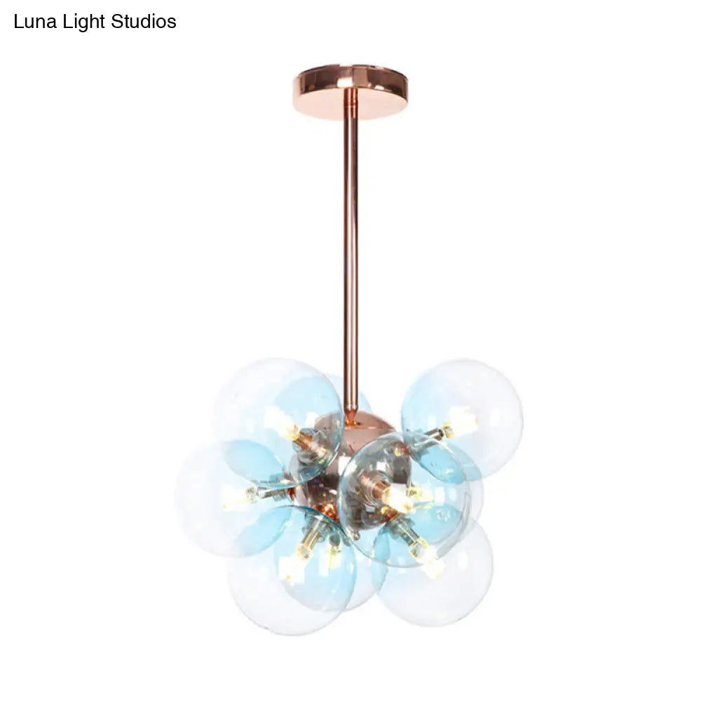 Modern Minimalist Globe Semi Flush Ceiling Light Fixture In White/Green/Blue Glass With 9 Lights -