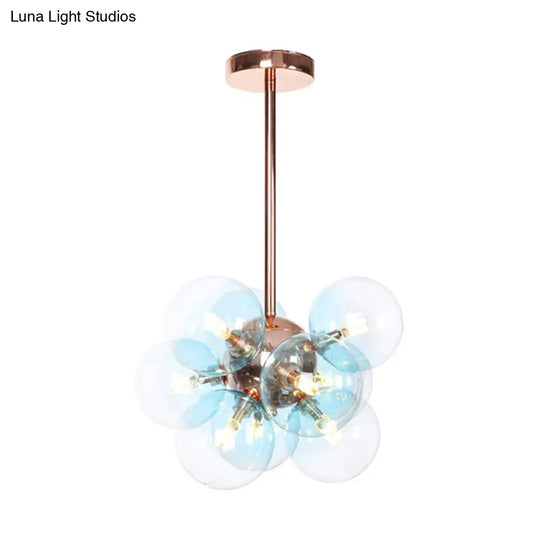 Modern Minimalist Globe Semi Flush Ceiling Light Fixture In White/Green/Blue Glass With 9 Lights -