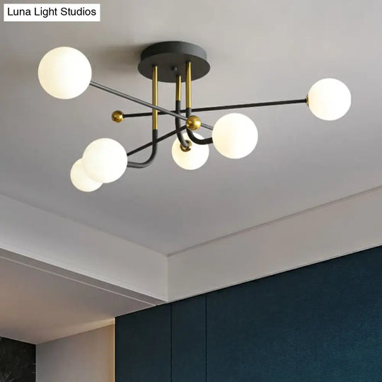 Sleek Cream Glass Ball Semi Mount Ceiling Light With Minimalistic Black And Brass Accents For Dining